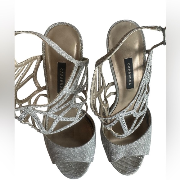 Caparros Silver Glitter Rhinestone Heels Size 7B – Strappy Evening Stilettos - Picture 9 of 11